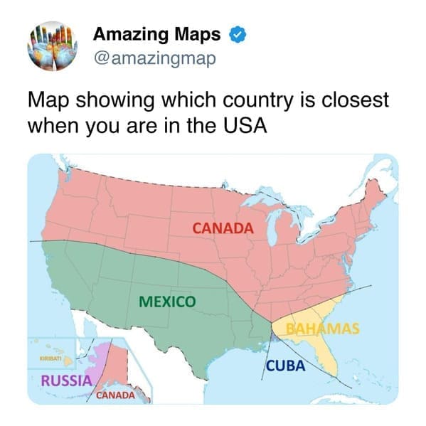 This amazing map uses a Voronoi diagram to show which neighboring country is closest to you at any point in the USA, revealing that large portions of the Southeast are closer to the Bahamas and Cuba than Canada or Mexico.