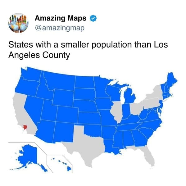 demographic amazing map of the U.S. where nearly every state is colored blue, indicating that their individual populations are smaller than that of a single county: Los Angeles County, highlighted in red.