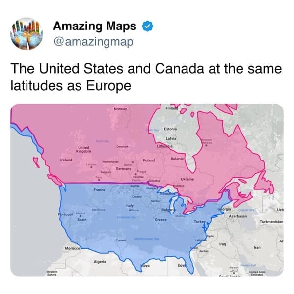 interesting map overlaying the U.S. and Canada onto Europe and North Africa at identical latitudes, showing that most of the United States actually aligns with the Mediterranean and the Sahara.