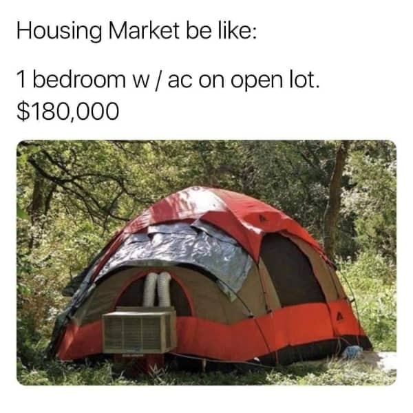 Photo of a camping tent in the woods with a window air conditioner installed for $180,000.