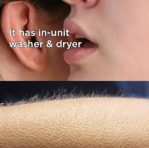 Close up of arm hair standing up with a caption about finding an in-unit washer and dryer.
