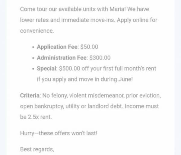 Rental listing screenshot showing high application and administration fees despite a "special" discount offer.