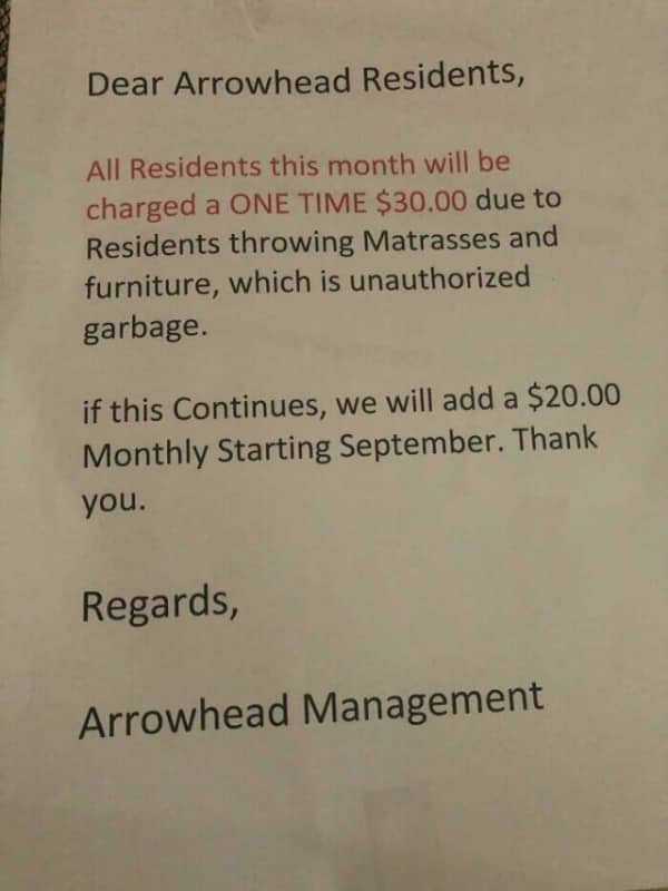 Official notice from management charging all residents a thirty dollar fee for other people's unauthorized garbage.
