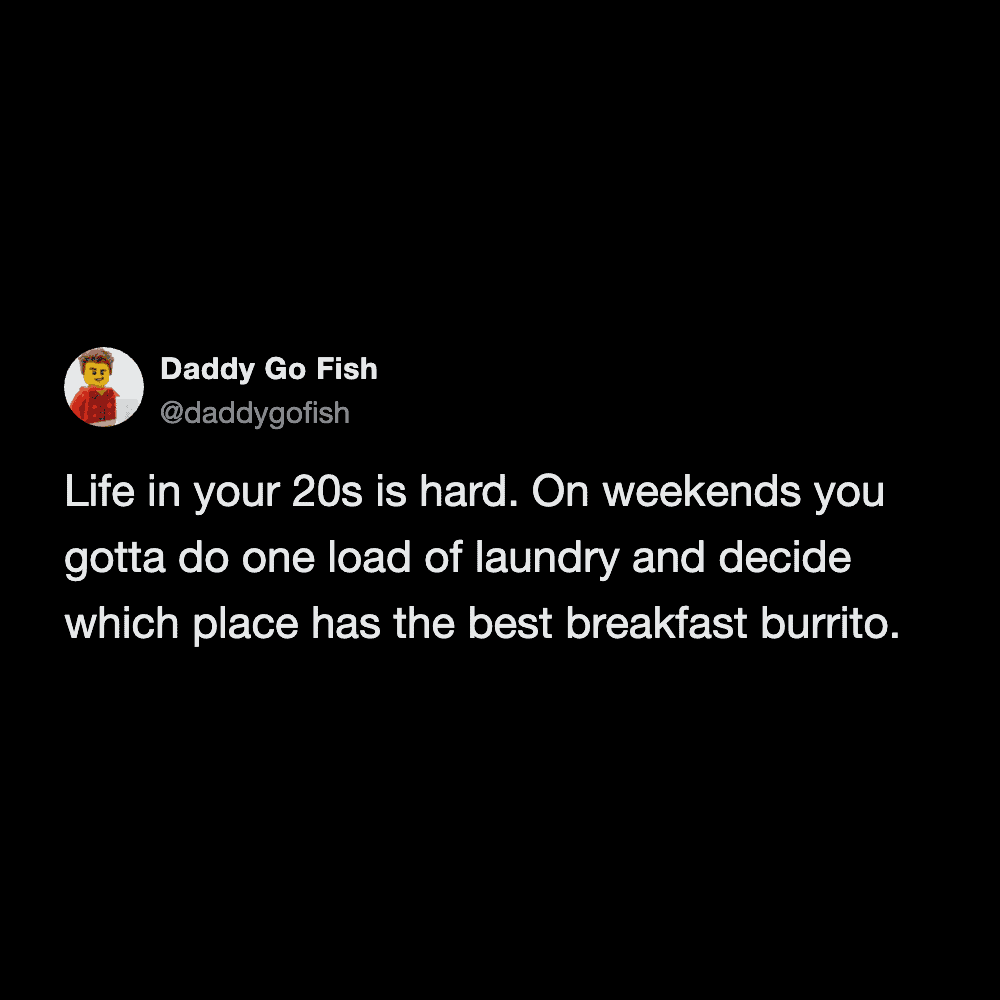 nostalgic funny tweet about laundry summarizing the intense struggle of being in your twenties by having to balance a single wash load with finding the perfect breakfast burrito in this laundry meme.
