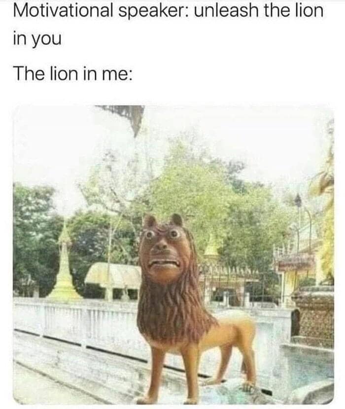 bizarre and poorly sculpted statue with wide terrifying eyes in a funny lion meme comparing it to unleashing your inner beast, creating an unhinged highlight in the world of memes about lions.