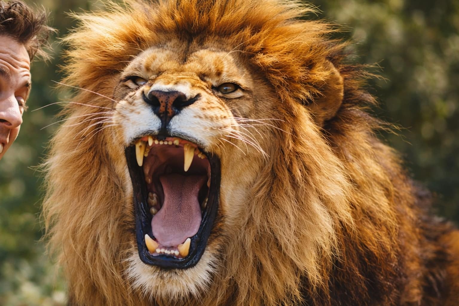 A 20-image gallery of lion memes featuring standouts like a deeply derpy taxidermy big cat failing to be motivational, two male lions appearing to laugh hysterically together like best friends, and a foolish baboon making the terrible decision to sneak up on a sleeping predator with a giant stick.