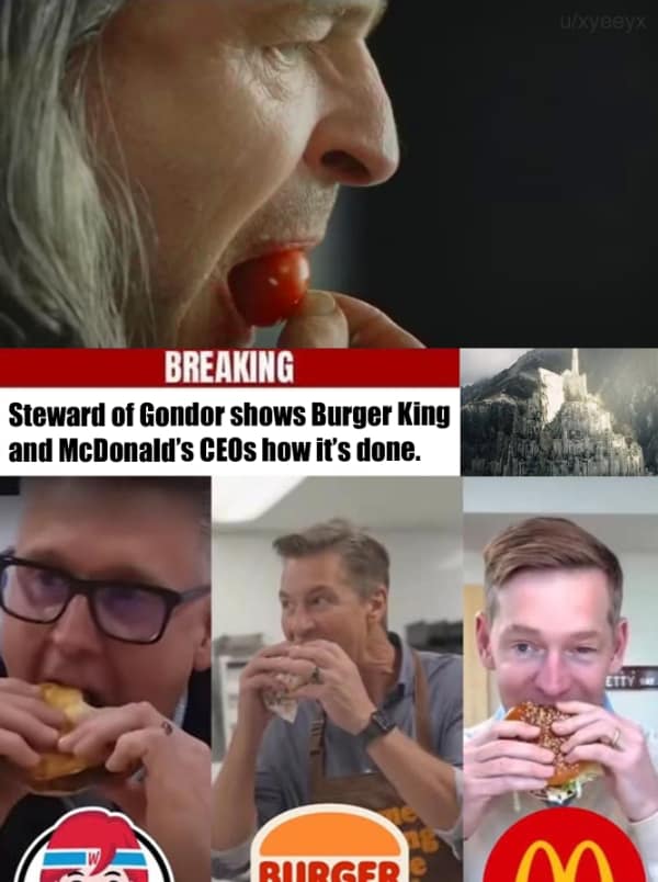 A "breaking news" style lotr meme showing Denethor messily devouring a cherry tomato, jokingly claiming the Steward of Gondor is teaching fast-food CEOs the true art of eating aggressively.