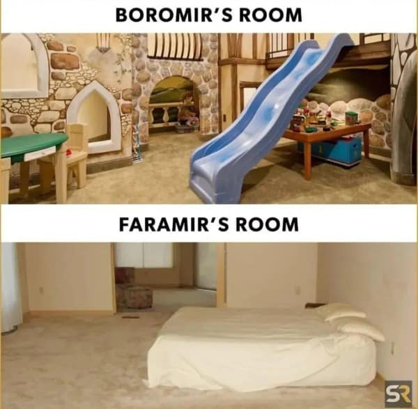 heartbreakingly accurate lotr meme poking fun at Denethor's favoritism, comparing "Boromir's Room" (an elaborate castle-themed playground) to "Faramir's Room" (a sad, empty room with a lone mattress).