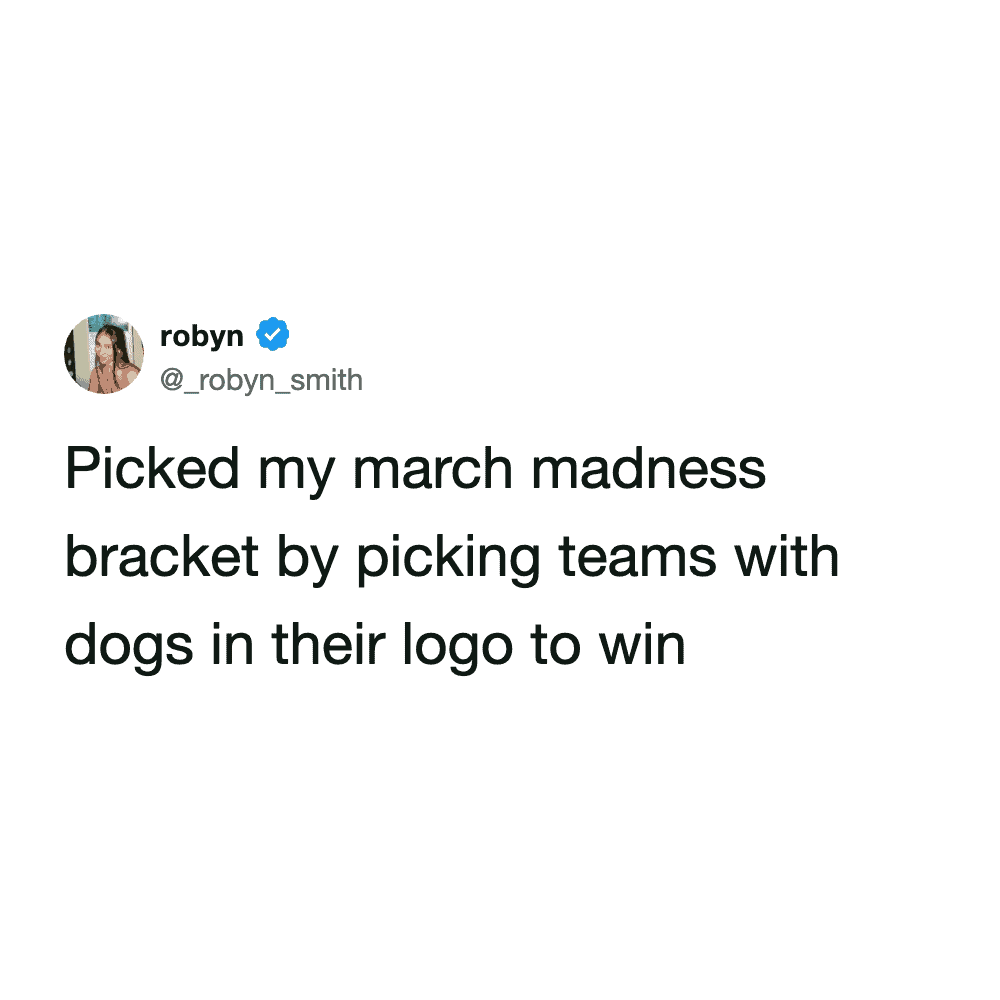 relatable march madness meme tweet from Robyn describing the ultimate casual strategy: filling out an entire tournament bracket based solely on which teams have dogs in their logos