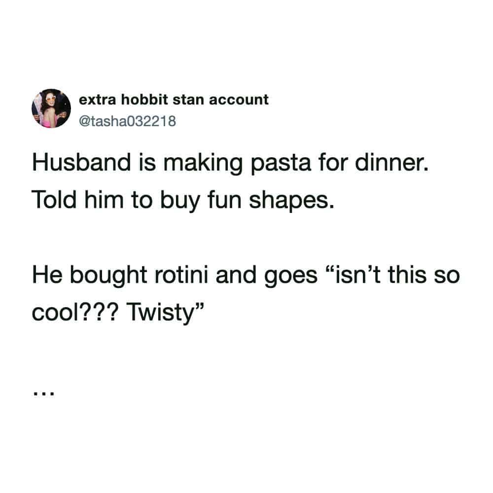 A Threads post about a husband getting excited over "twisty" rotini pasta being a fun shape.