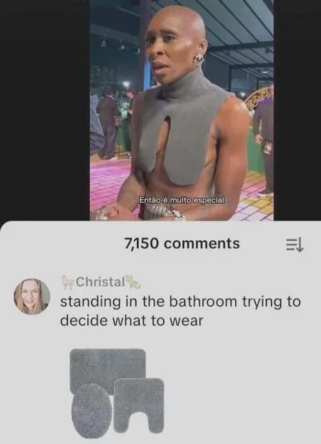 A side-by-side fashion roast defines this entry in the meme dump, comparing a high-fashion gray turtleneck piece worn by Cynthia Erivo to a standard three-piece bathroom rug and toilet lid cover set.