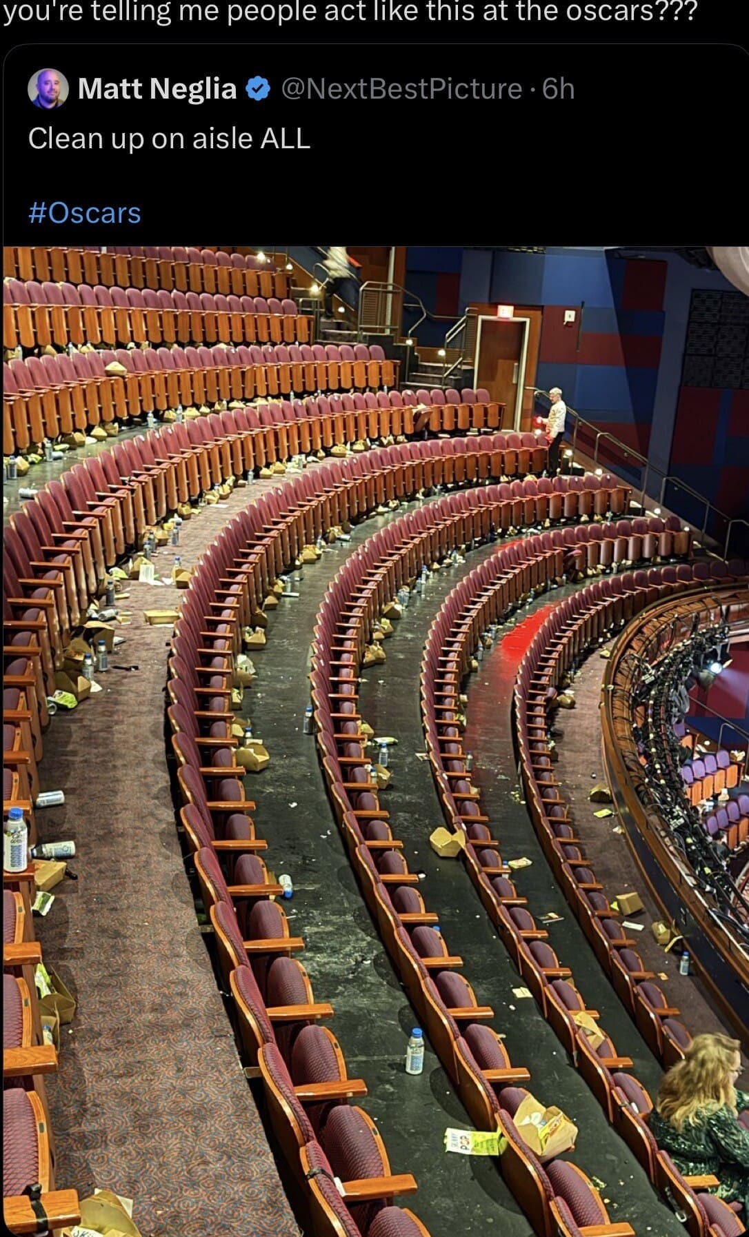 The shocking aftermath of a high-profile event is documented in this meme dump photo, showing an entire theater aisle at the Oscars completely covered in discarded trash, snack boxes, and water bottles.