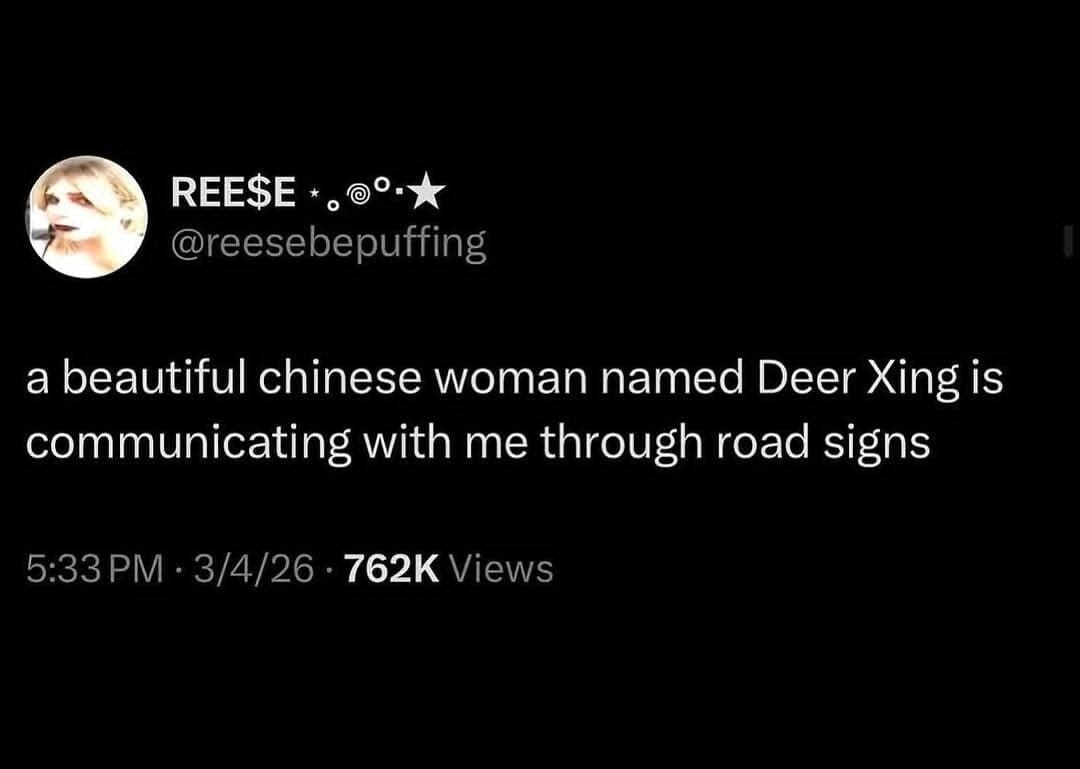An unhinged moment of linguistic confusion defines this hilarious entry in the meme dump, as a user jokingly imagines road signs are personalized messages from a woman named Deer Xing.