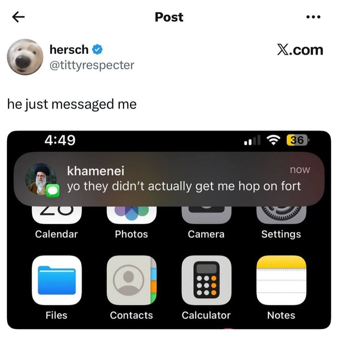 A topical internet meme formatted as a fake iPhone notification. It shows an iMessage from "Khamenei" (featuring the Iranian leader's portrait) with the text: "yo they didn't actually get me hop on fort," referencing recent geopolitical news and the "hop on Fortnite" meme.