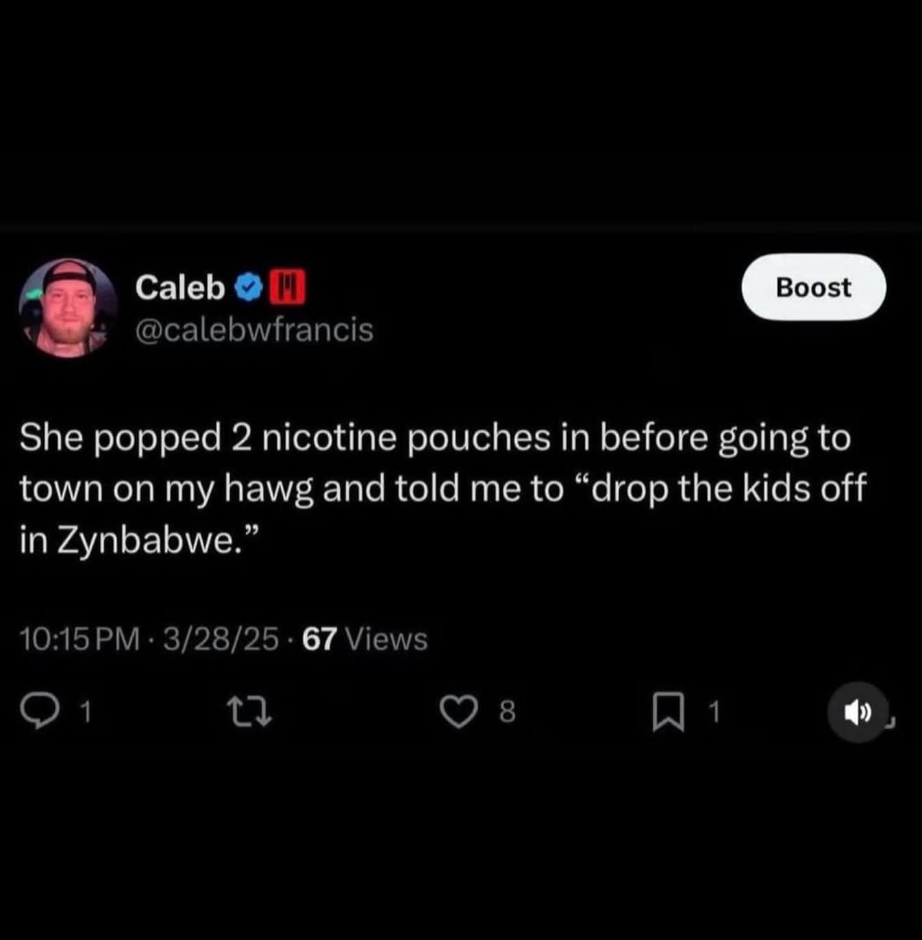 An outrageously vulgar and hilarious meme tweet describing a deeply absurd intimate encounter involving nicotine pouches and dropping the kids off in Zynbabwe, making for a wild entry in this meme dump.