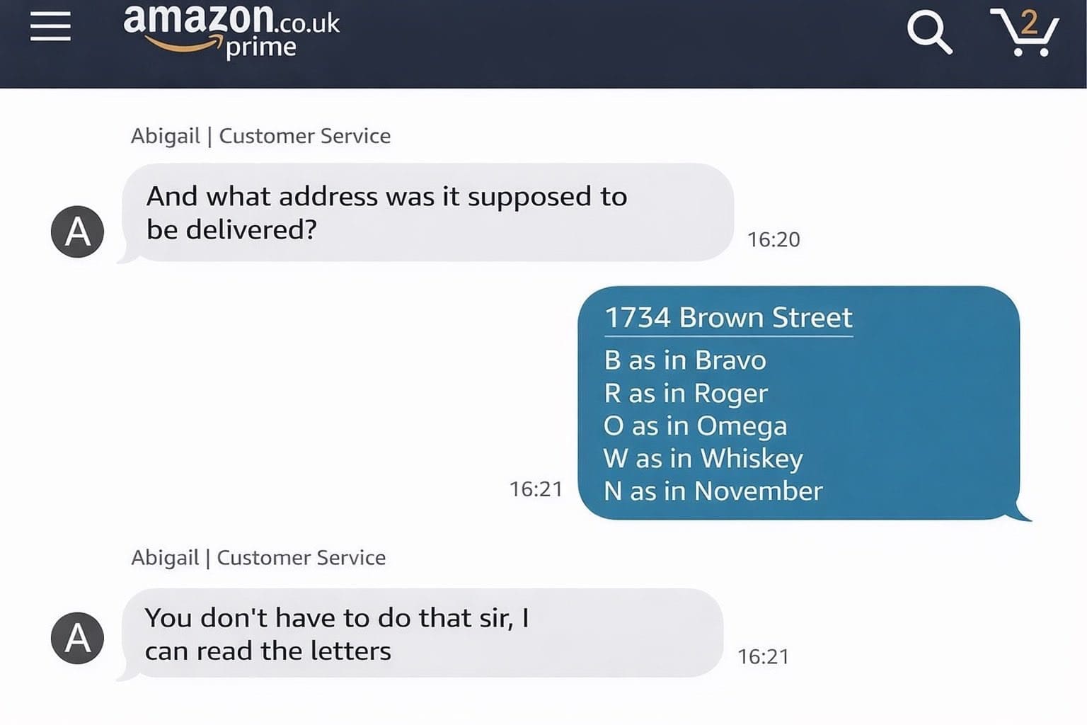 The awkward hilarity of over-explaining simple things is captured in this meme dump screenshot of an Amazon chat where a customer insists on using the military phonetic alphabet just to spell out the word "Brown."