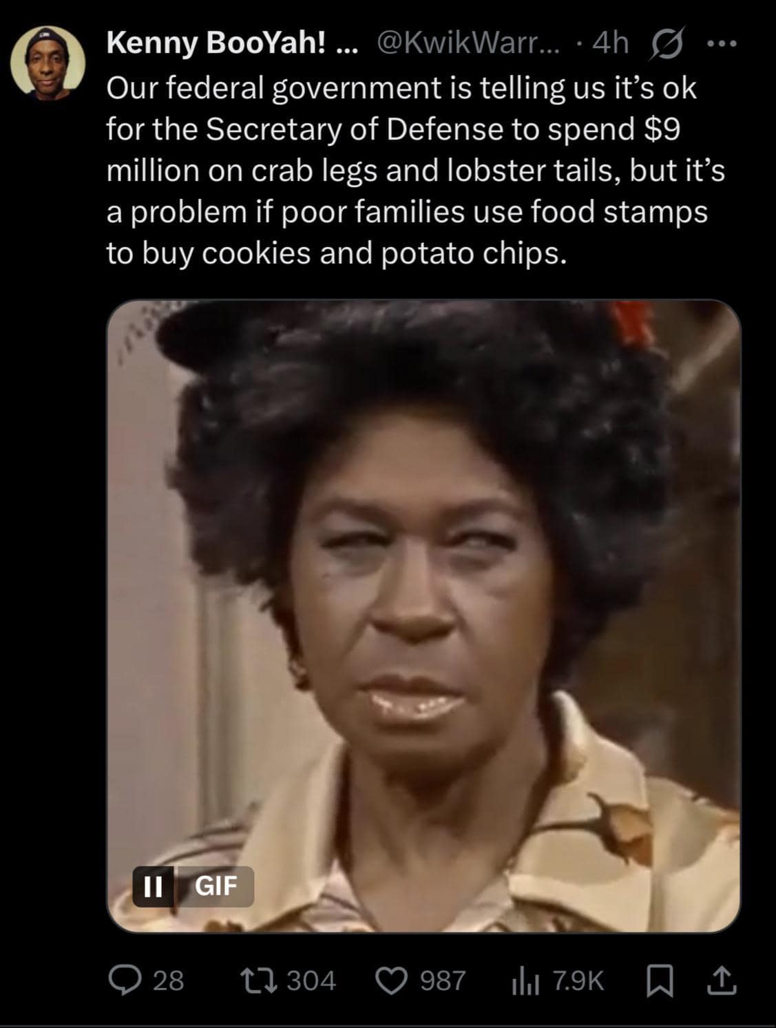 skeptical reaction hilarious meme featuring a frustrated expression from the show Good Times, captioned with a viral tweet criticizing the hypocrisy of government luxury food spending versus policing food stamp choices for families.