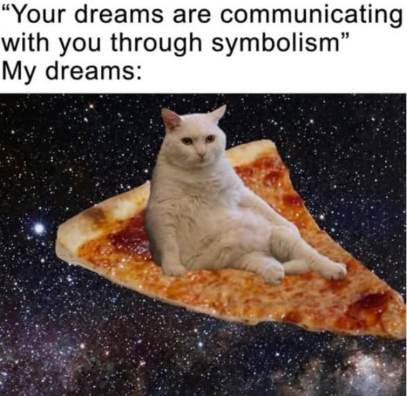 A truly surreal and hilarious meme illustrating the deep symbolism of dreams with an image of a heavily overweight white cat relaxing on a giant slice of pizza floating through outer space, an absolute must for a meme dump.