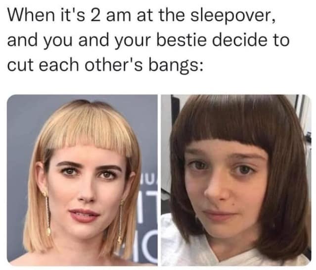 hilarious meme about late-night sleepover mistakes, featuring side-by-side photos of Emma Roberts and Noah Schnapp sporting disastrously short, uneven "micro-bangs" haircuts.