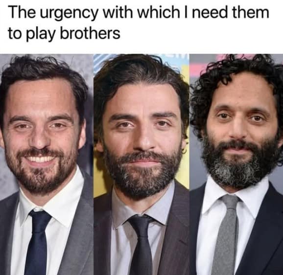 celebrity lookalike hilarious meme expressing the "urgent" need for actors Jake Johnson, Oscar Isaac, and Jason Mantzoukas to play brothers in a film due to their strikingly similar bearded features in this meme dump.