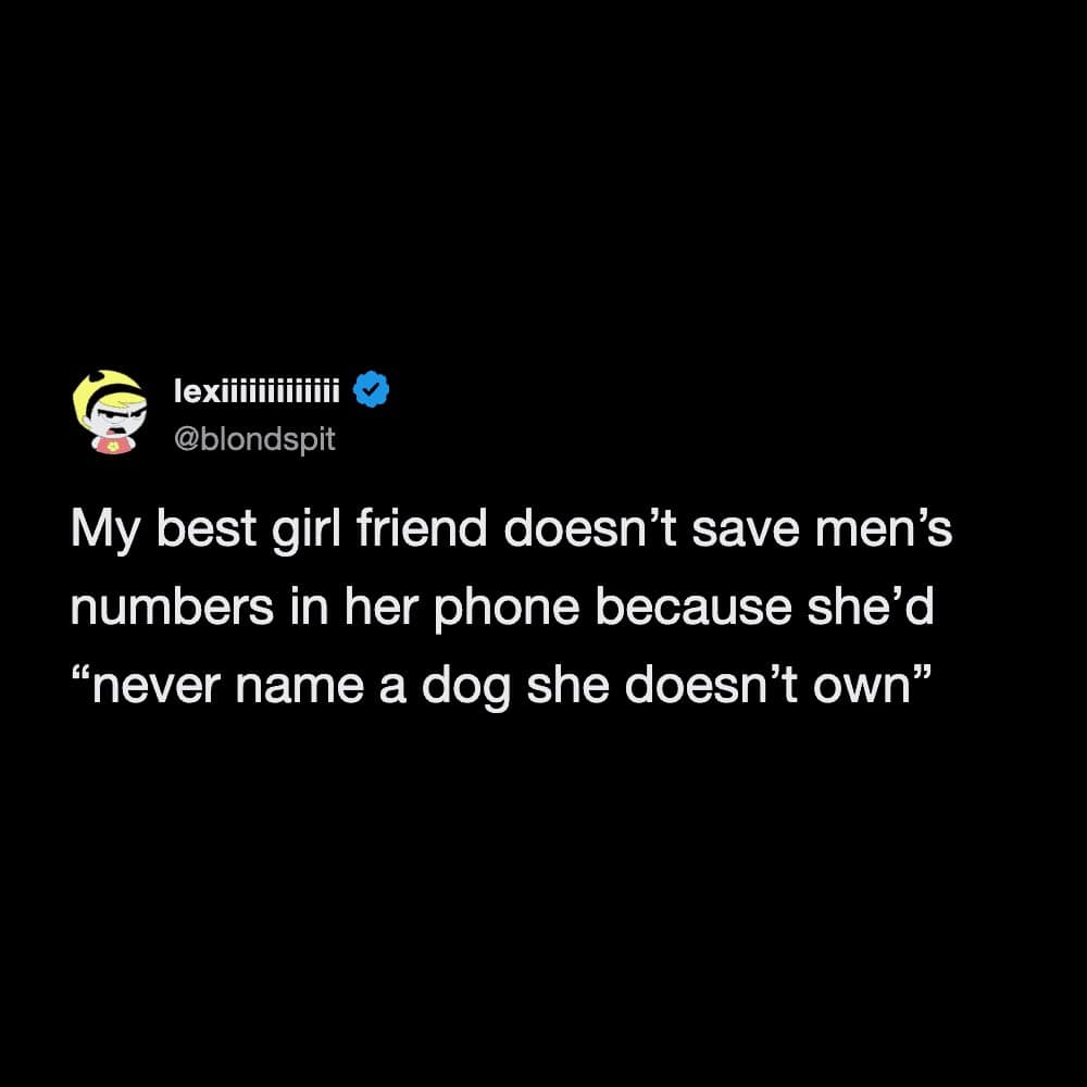 A ruthless and hilarious meme tweet from a woman explaining her best friend's dating strategy, revealing she refuses to save men's phone numbers because she would "never name a dog she doesn't own".