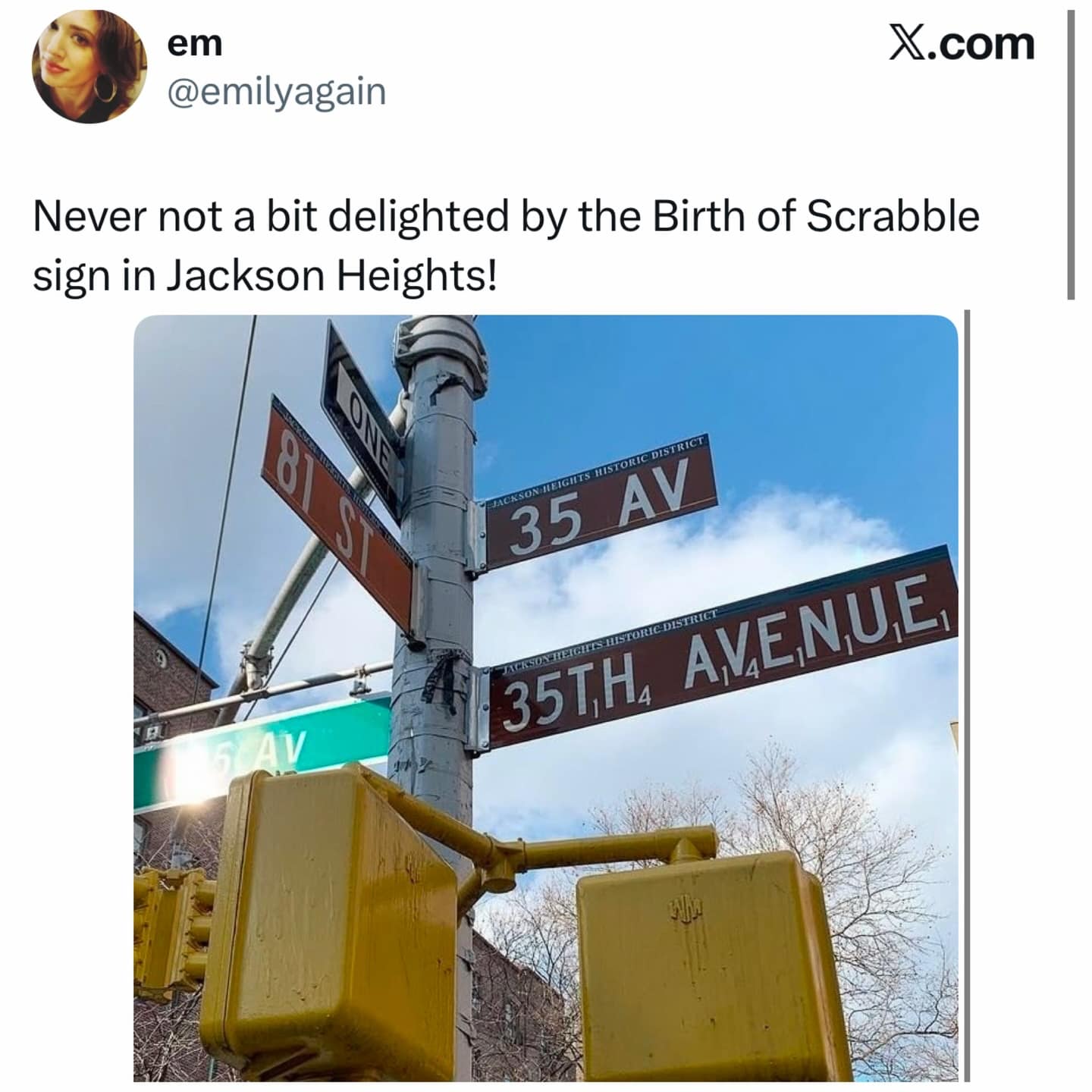 A delightful real-world find in a meme dump showing the "Birth of Scrabble" street signs in Jackson Heights, where the letters for "35th Avenue" are stylized with the point values from a Scrabble board.