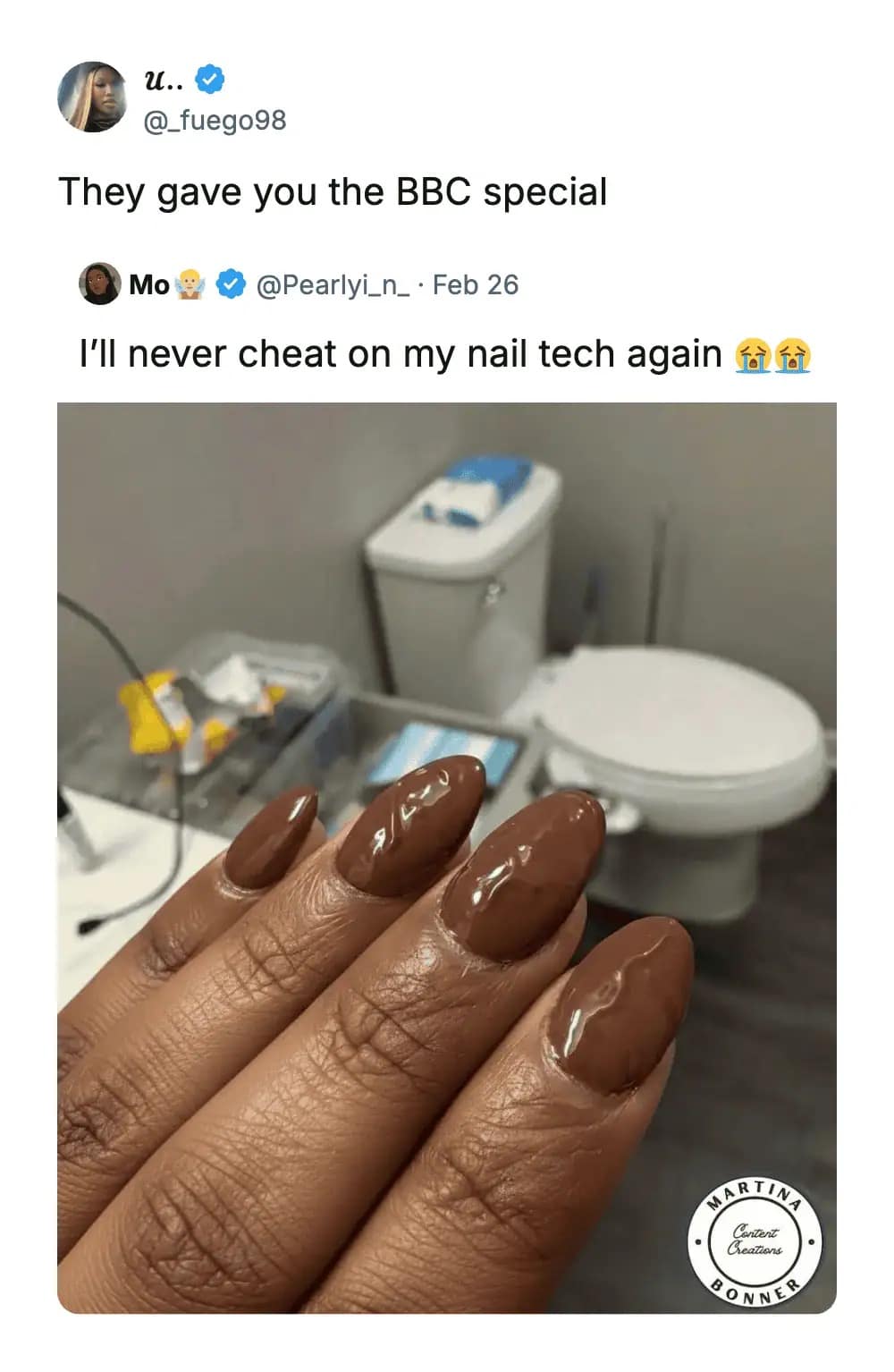 cursed internet meme showing a terrible brown manicure that looks suspiciously like male anatomy, hilariously roasted by a commenter claiming they got the BBC special, making for a highly inappropriate meme dump entry.