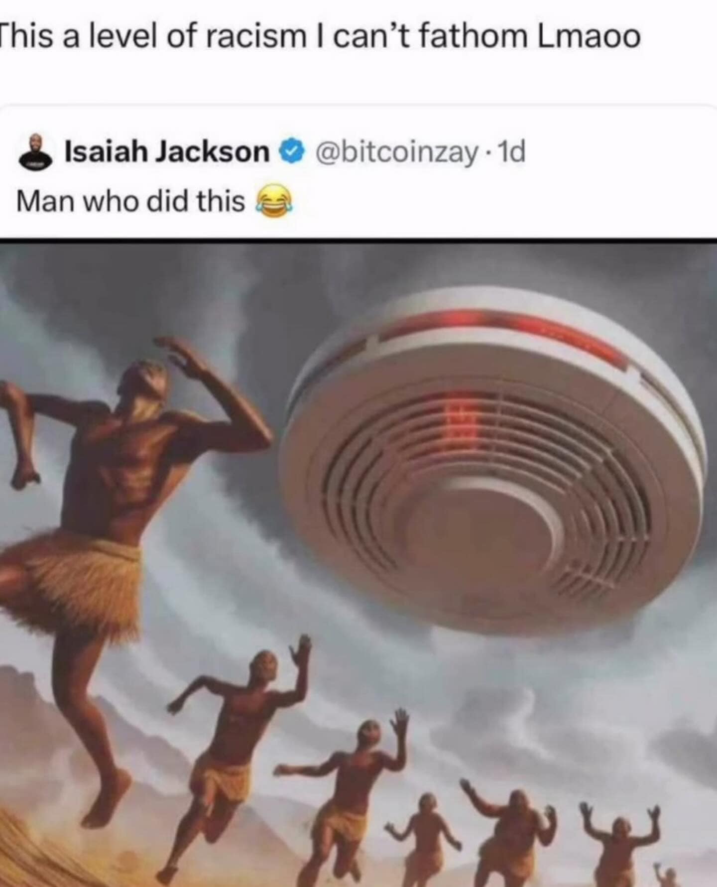 An absolutely unhinged internet meme showing an absurd photoshopped image of tribesmen throwing spears at a giant smoke detector in the sky, serving up wild and chaotic energy for this massive meme dump.