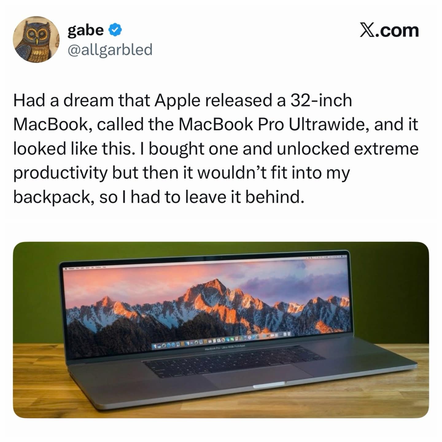 A satirical tech mock-up of an absurdly elongated "MacBook Pro Ultrawide" based on a dream about extreme productivity and the frustration of backpack incompatibility.