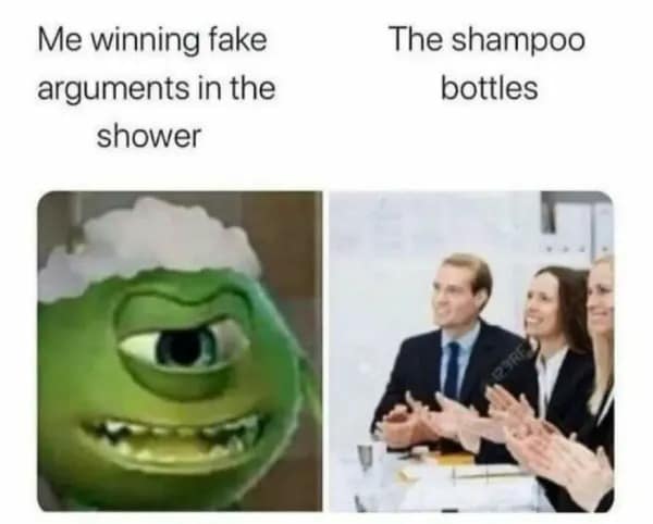 two-panel comparison illustrating the self-congratulatory pride of winning imaginary shower arguments, featuring a smug Mike Wazowski and a clapping boardroom audience.