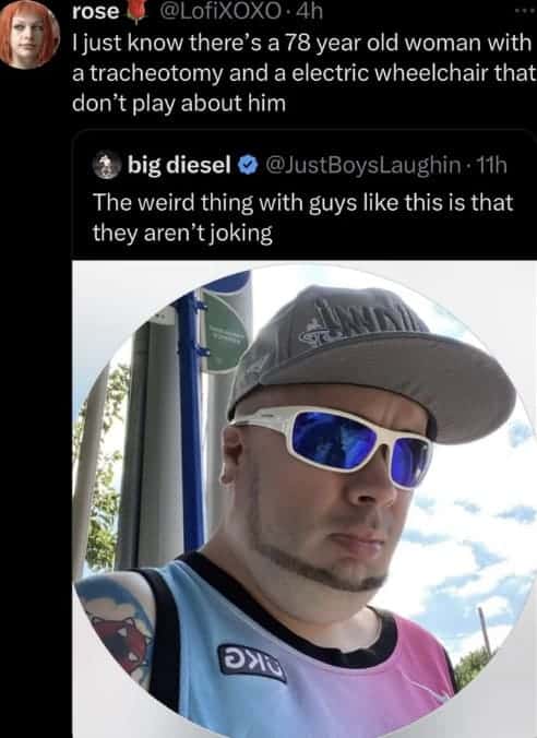 An oddly specific meme featuring a tweet by Rose speculating that a very specific demographic—a 78-year-old woman with a tracheotomy—would fiercely defend the "tough guy" in the attached profile picture who is sporting a chinstrap beard and neon blue sunglasses.