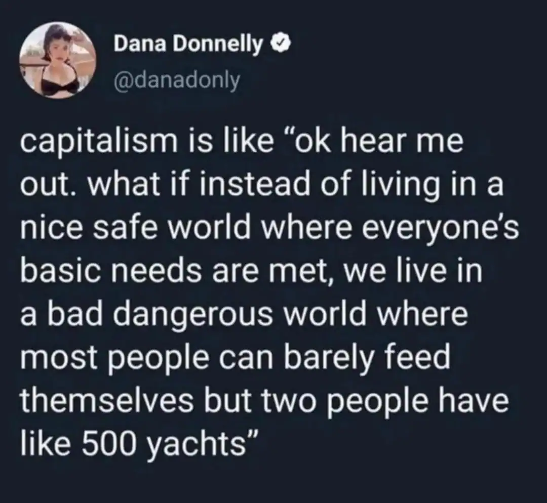A social media commentary on capitalism comparing basic needs to having five hundred yachts.
