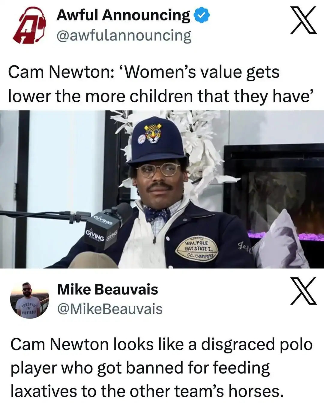A meme about Cam Newton looking like a polo player banned for sabotaging the other team's horses.