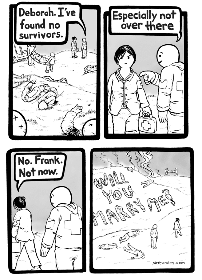 A deeply morbid dark humor comic showing a paramedic attempting to romantically propose to his coworker by inappropriately arranging a massive field of tragedy victims to spell out will you marry me.