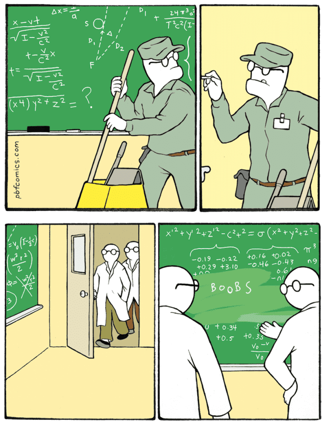 A Good Will Hunting parody in a dark humor comic where a sneaky janitor secretly adds to a complex chalkboard equation, leaving brilliant scientists staring in awe at the word boobs.