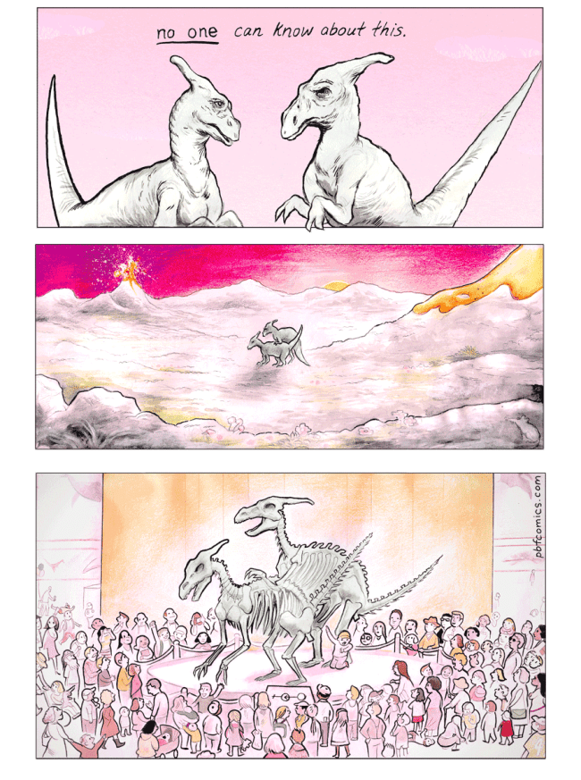 Two dinosaurs secretly mating right as the asteroid hits, leading to a hilarious and dark humor comic punchline where their fossilized skeletons are permanently displayed to a crowded modern museum in the exact same compromising position