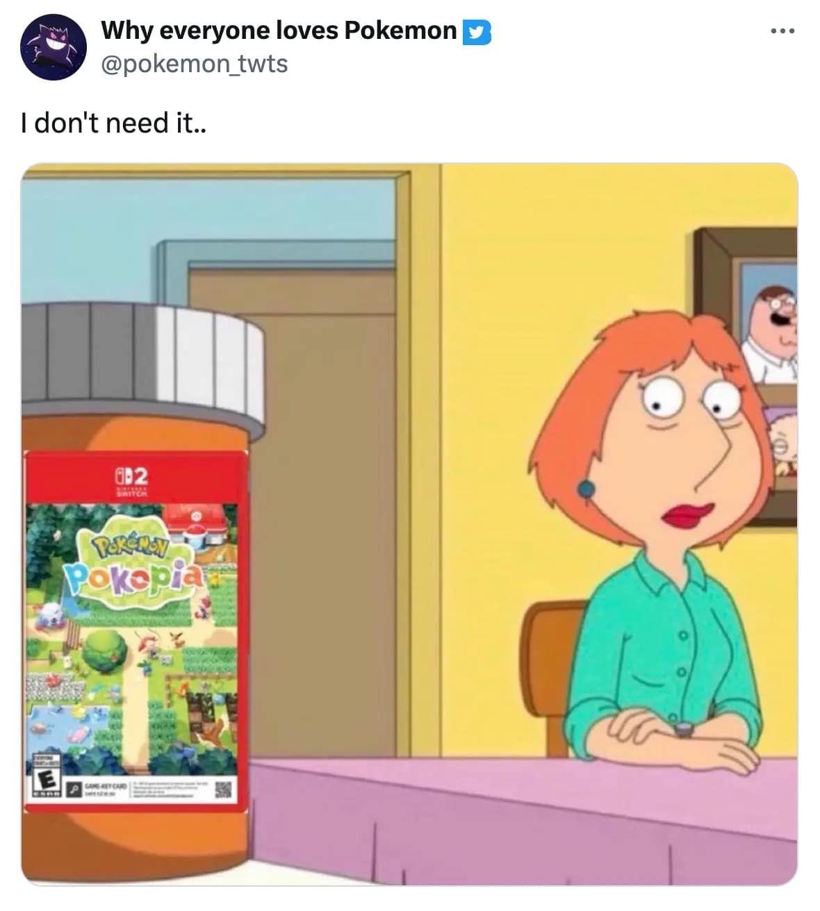 Lois Griffin from Family Guy stares with exhausted, bloodshot eyes at a giant orange pill bottle. In this Pokemon Pokopia meme, the label on the bottle is replaced by the game’s box art, representing the addictive nature of the new "cozy" title