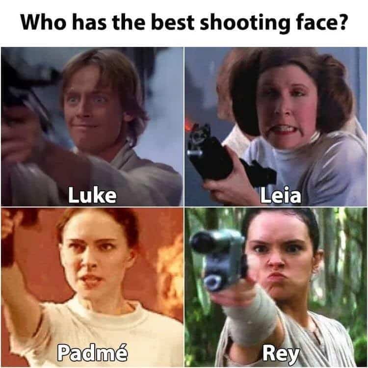 Four-panel comparison of Luke, Leia, Padmé, and Rey to determine who has the best shooting face.