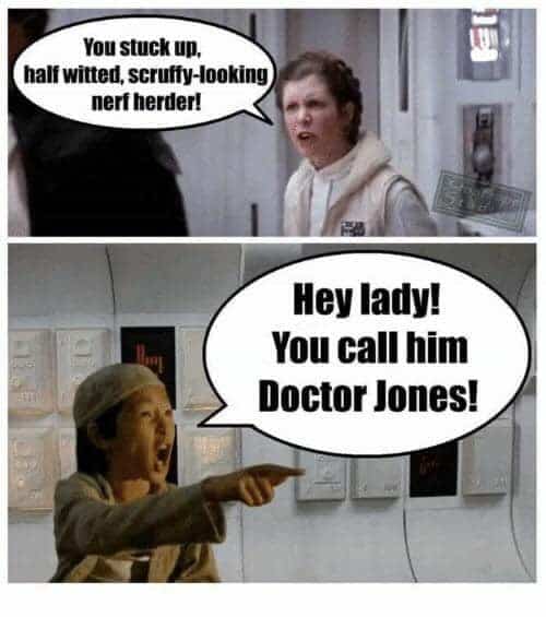 Crossover meme featuring Short Round from Indiana Jones defending Han Solo against Princess Leia.