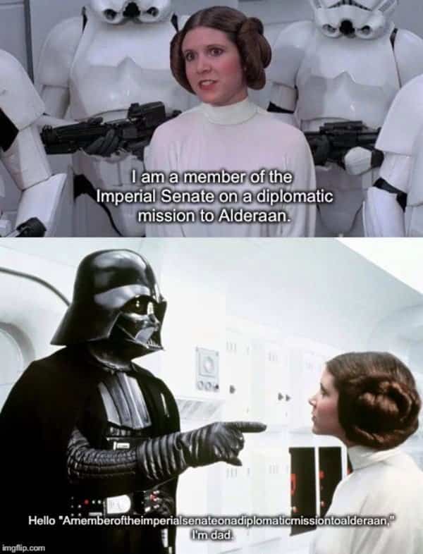 Darth Vader using a dad joke to respond to Leia’s long formal introduction.