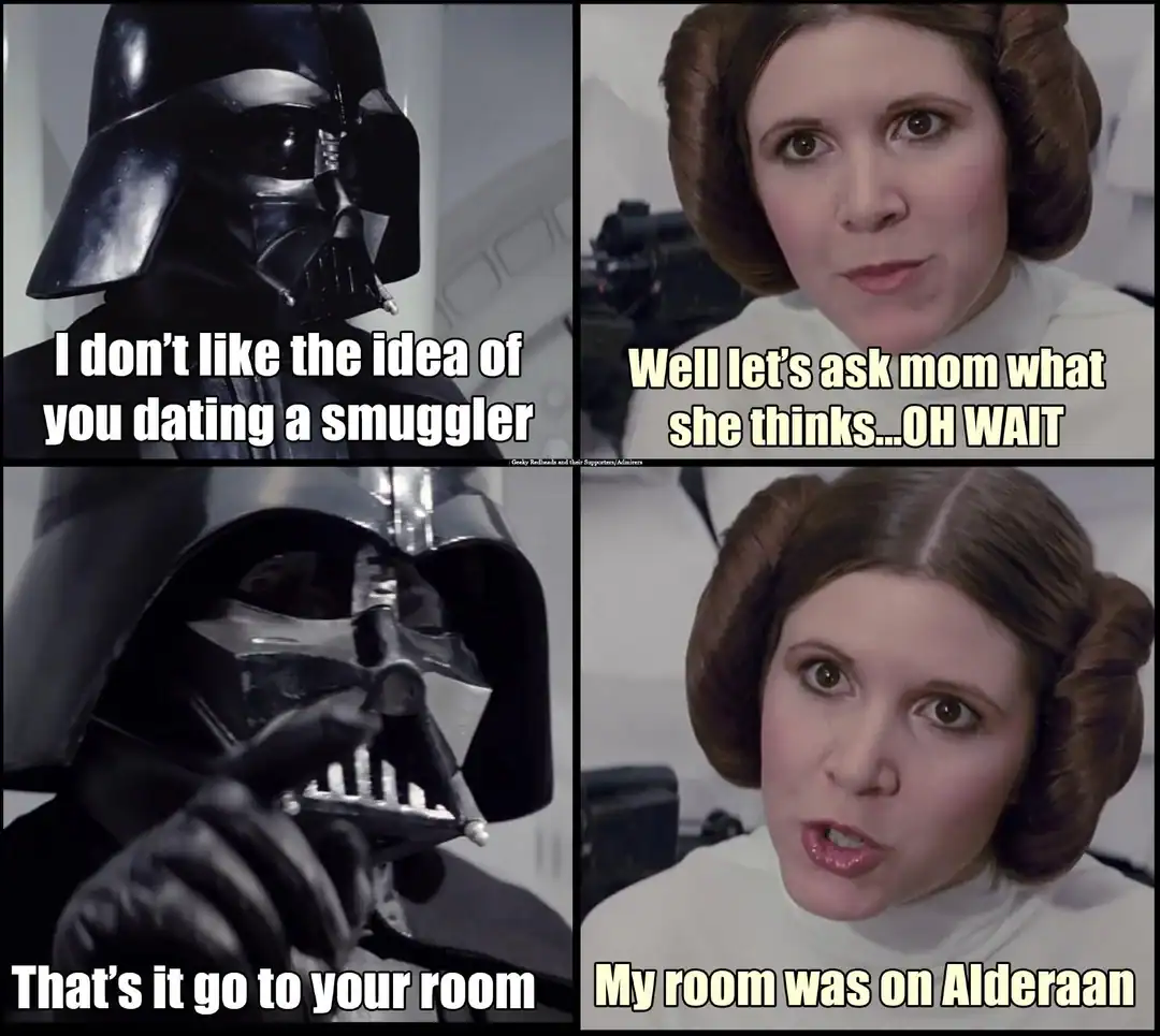 Arguing meme where Leia shuts down Vader’s parenting because he destroyed her room on Alderaan.