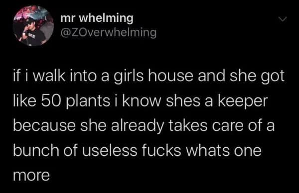 A cynical but funny relatable meme tweet from @ZOverwhelming stating: "if i walk into a girls house and she got like 50 plants i know shes a keeper because she already takes care of a bunch of useless fucks whats one more."