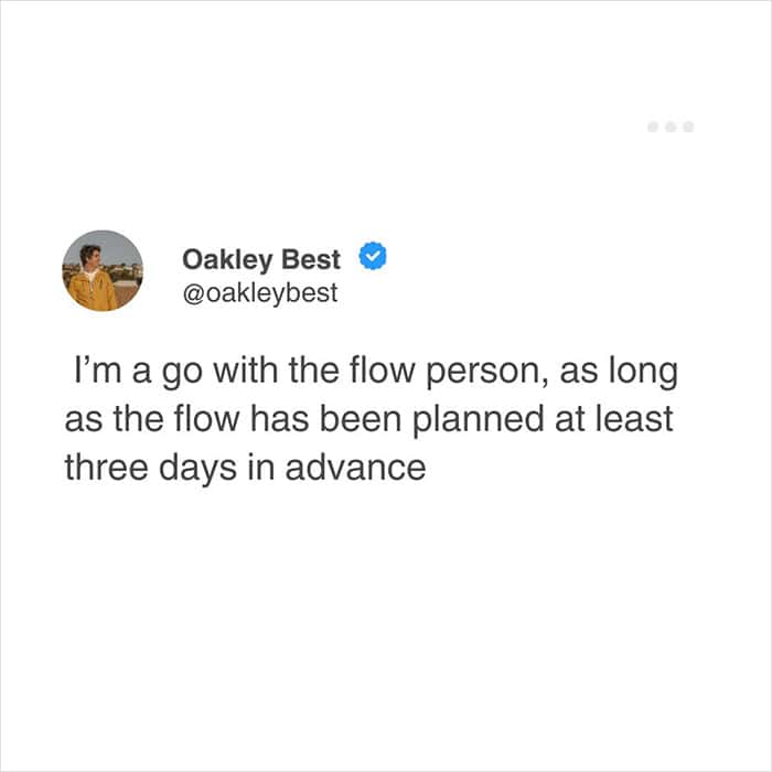 A highly accurate relatable meme perfectly describing Type A personalities who claim to be go with the flow only if that exact flow is strictly planned three days in advance, wrapping up these funny relatable tweets.