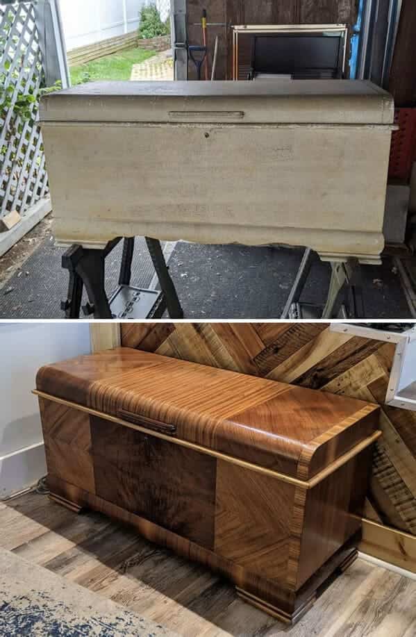 Before and after of a painted white trunk restored to reveal beautiful multi-toned wood veneer.