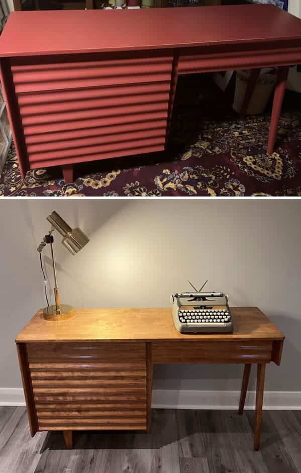 A salmon pink painted desk restored to reveal original slats and a warm wood finish.