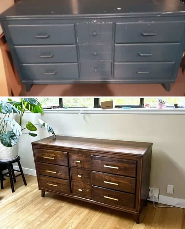 A grey painted mid-century dresser restored to a rich dark walnut finish with gold hardware.