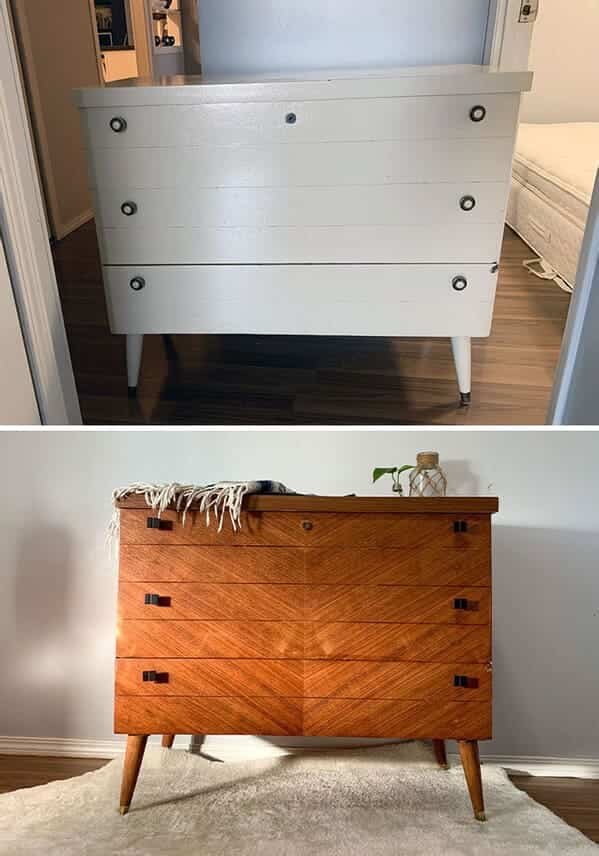 White painted chest of drawers restored to show a stunning chevron patterned natural wood grain.