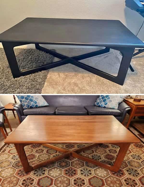 A black painted coffee table restored to its original mid-century modern light oak wood finish.