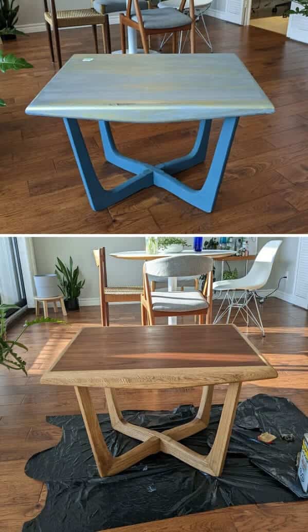 A blue and grey painted side table restored to show a two-toned light wood grain.