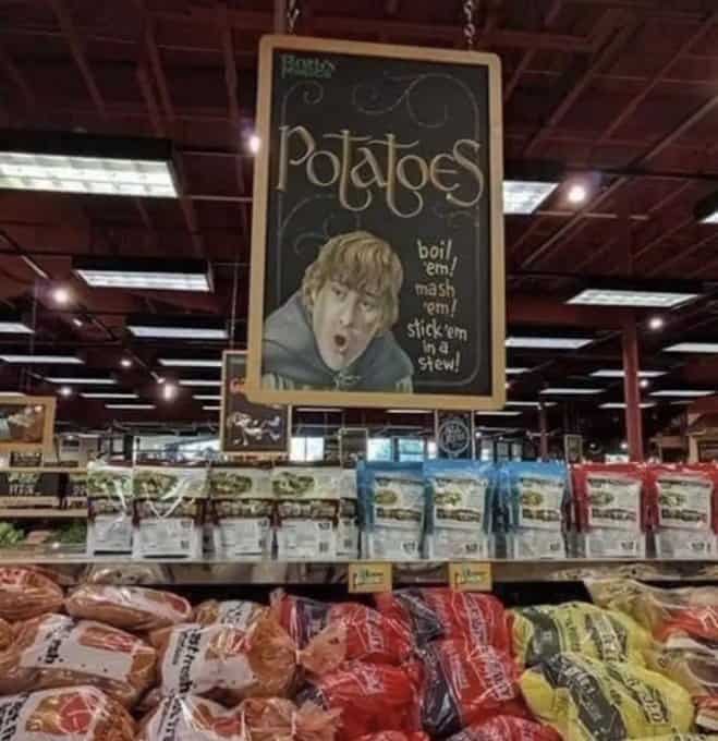 A creative grocery store chalkboard sign featuring Samwise Gamgee and his famous potato cooking instructions.